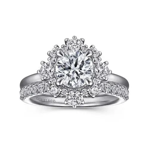 GABRIEL CO Rings Saralynn 14K White Gold Bursting Halo Round Diamond Engagement Ring Setting Only