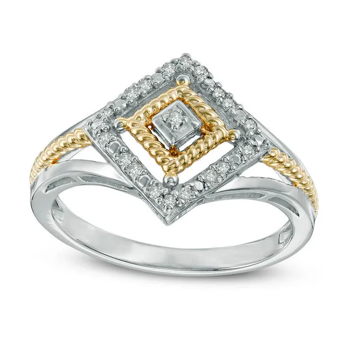 010 CT TW Natural Diamond Double Square Frame SplitShank Ring in Sterling Silver with Solid 14K Gold Plate Goldia Rings