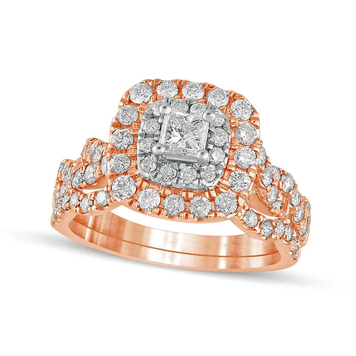 15 CT TW PrincessCut Natural Diamond Double Cushion Frame Twist Shank Bridal Engagement Ring Set in Solid 10K Rose Gold Goldia Rings