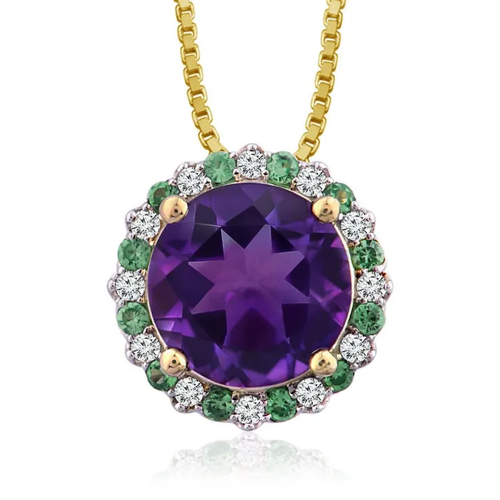 Captivating Color 100mm Amethyst Tsavorite and 013 CT TW Natural Diamond Frame Flower Pendant in 14K Gold Goldia Necklaces