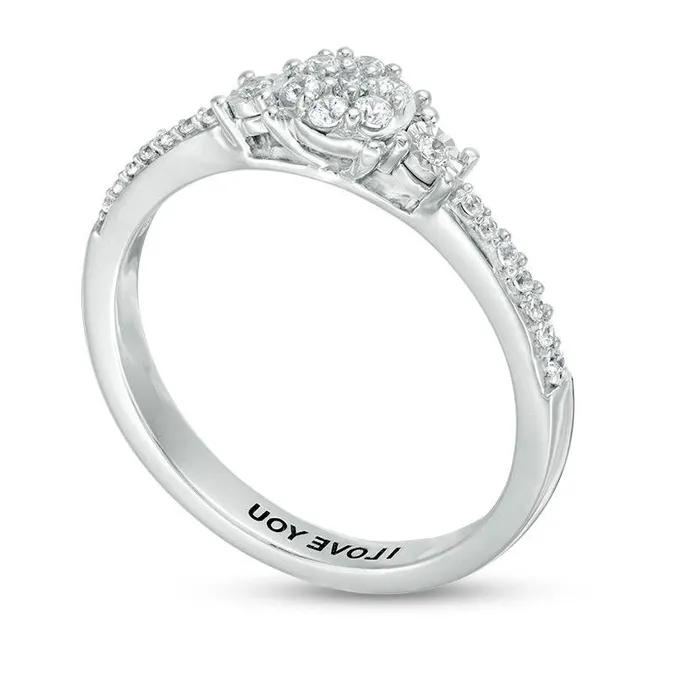 Engravable 020 CT TW Composite Natural Diamond Three Stone Promise Ring in Sterling Silver 1 Line Goldia Rings