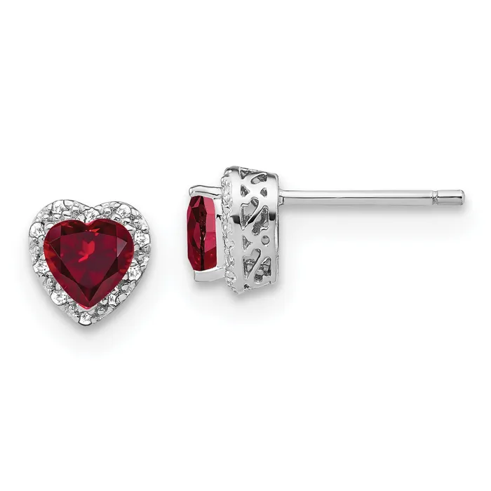 Goldia Earrings 14k White Gold 110 Ct Lab Grown Diamond VSSI G and Created Ruby Heart Halo Post Earrings