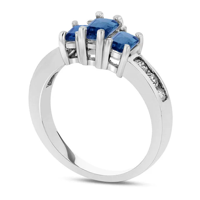 Goldia EmeraldCut Blue Sapphire and 033 CT TW Natural Diamond Channel Three Stone Engagement Ring in Solid 14K White Gold Rings