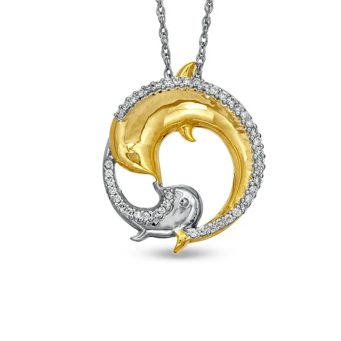 Necklaces Goldia 02 CT TW Natural Diamond Dolphin Circle Pendant in Sterling Silver with 14K Gold Plate