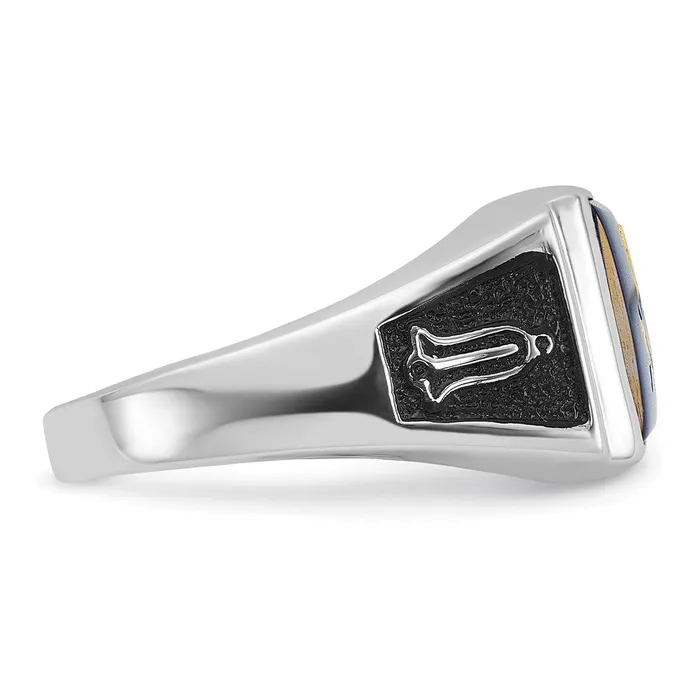 Rings 14k White Gold Mens Polished and Textured with Black Enamel and Imitation Blue Spinel Masonic Ring Goldia