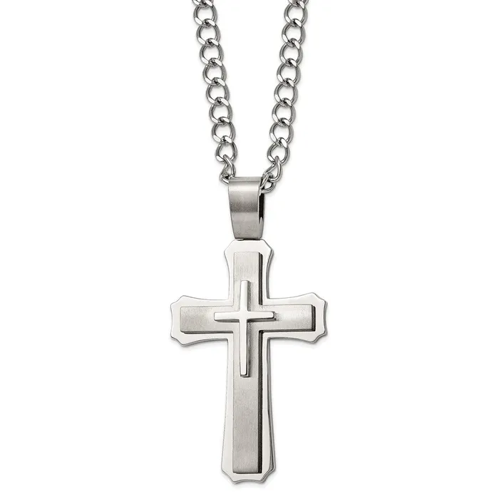 Chisel Stainless Steel Brushed and Polished Large Cross Pendant on a 24 inch Curb Chain Necklace TreasureFineJewelers Necklaces