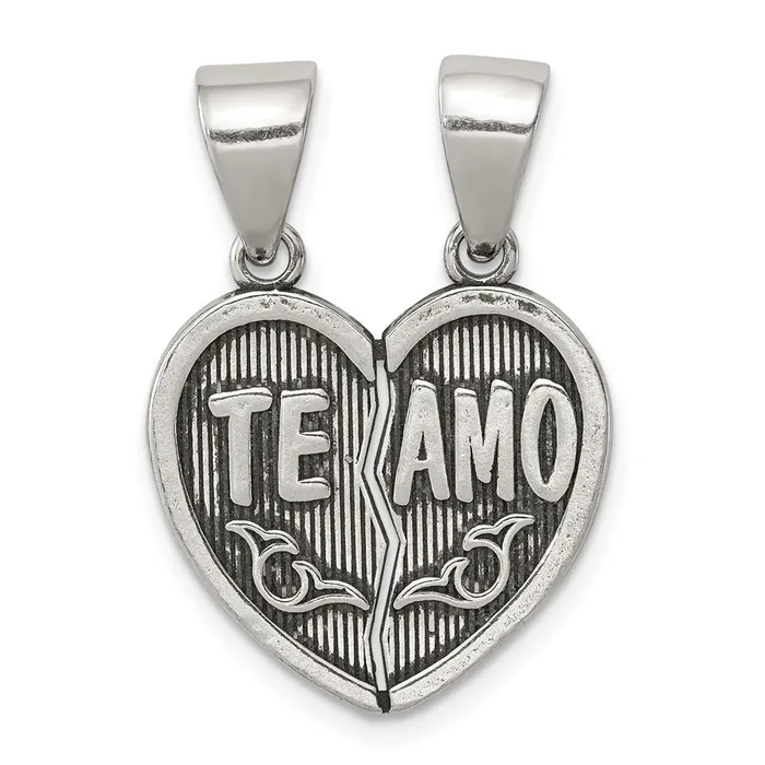 Necklaces TreasureFineJewelers Sterling Silver Antiqued Te Amo Break Apart Heart Pendant
