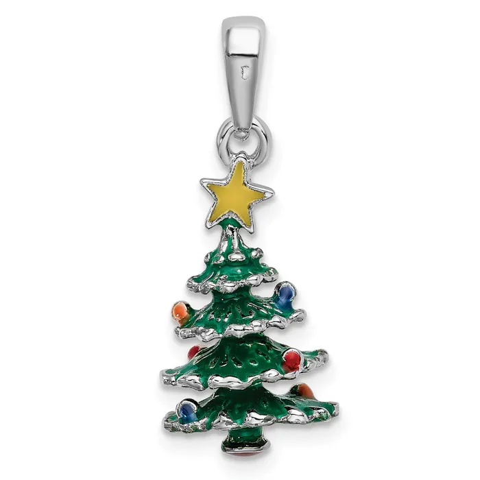 Necklaces TreasureFineJewelers Sterling Silver Polished 3D Enameled Christmas Tree Pendant