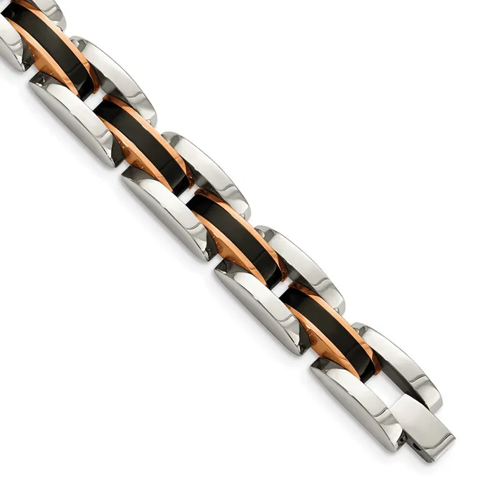 TreasureFineJewelers Bracelets Chisel Stainless Steel Polished Black and Rose IPplated 85 inch Link Bracelet