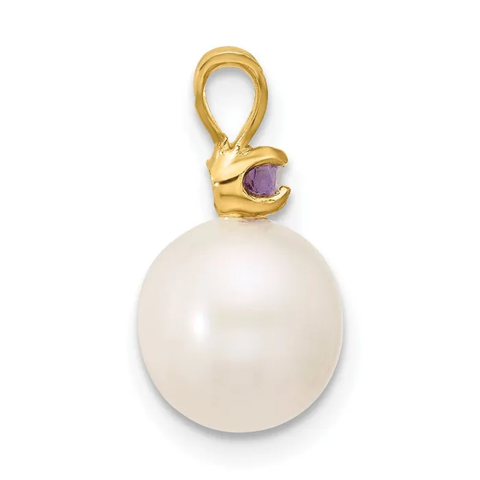TreasureFineJewelers Necklaces 14k Yellow Gold Amethyst 885mm White Round FWC Pearl Pendant