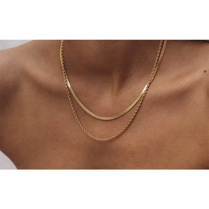 Trendolla Jewelry 18K Gold Plated Double Layer Twists Snake Bone Chain Necklace Necklaces