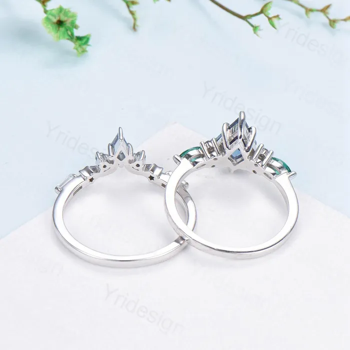 PENFINE Rings Unique kite cut Alexandrite engagement ring set silver white gold art deco marquise emerald wedding ring set for women 2pcs star bridal set