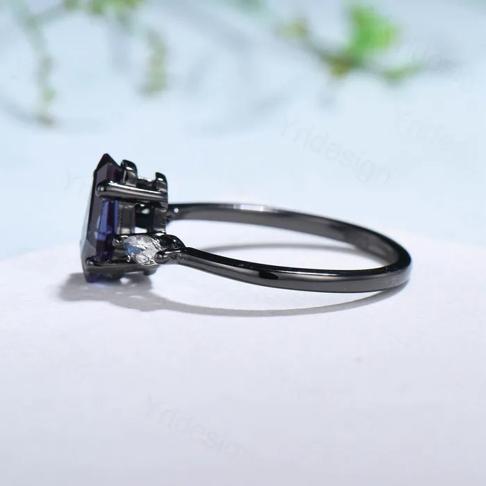 Unique Black Gold Coffin Shape Alexandrite Ring Marquise Moonstone Shield Shape Alexandrite Engagement Ring June Birthstone Anniversary Gift PENFINE Rings