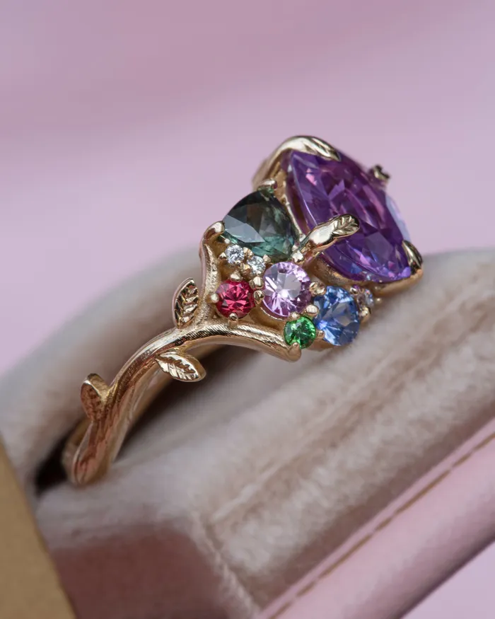 Tara Purple Sapphire Cluster Ring 14K Rose GoldTsavorite Garnet RingFloral Engagement Ring Albrecht Jewellery Rings